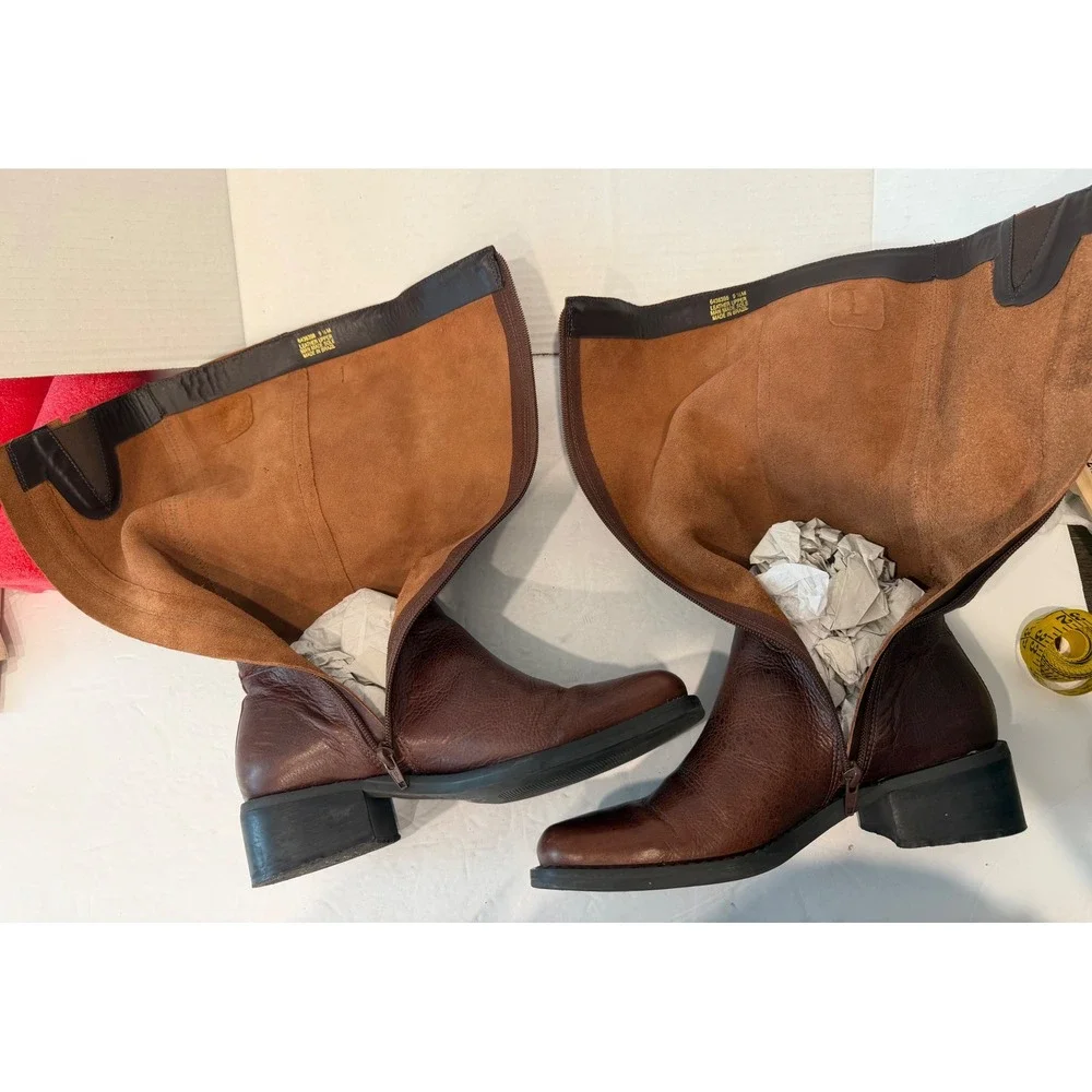 NICOLE Brown Leather Braided Buckle Tall Equestrian Zip Up Riding Boots 9.5M